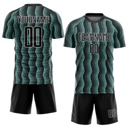 Custom Black Ice Blue-White Geometric Shape Sublimation Soccer Uniform Jersey Custom Black Ice Blue-White Geometric Shape Sublimation Soccer Uniform Jersey