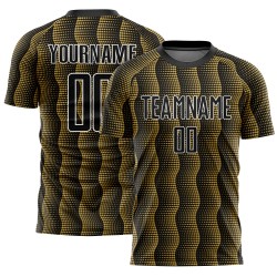 Custom Black Old Gold-White Geometric Shape Sublimation Soccer Uniform Jersey Custom Black Old Gold-White Geometric Shape Sublimation Soccer Uniform Jersey