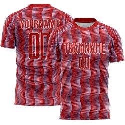Custom Red Light Blue-White Geometric Shape Sublimation Soccer Uniform Jersey