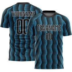 Custom Black Sky Blue-White Geometric Shape Sublimation Soccer Uniform Jersey Custom Black Sky Blue-White Geometric Shape Sublimation Soccer Uniform Jersey