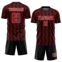 Custom Black Red-White Geometric Shape Sublimation Soccer Uniform Jersey Custom Black Red-White Geometric Shape Sublimation Soccer Uniform Jersey
