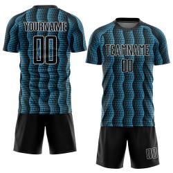 Custom Black Sky Blue-White Geometric Shape Sublimation Soccer Uniform Jersey Custom Black Sky Blue-White Geometric Shape Sublimation Soccer Uniform Jersey