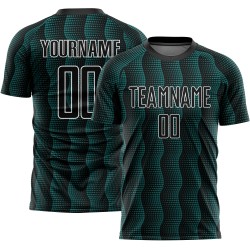 Custom Black Teal-White Geometric Shape Sublimation Soccer Uniform Jersey Custom Black Teal-White Geometric Shape Sublimation Soccer Uniform Jersey