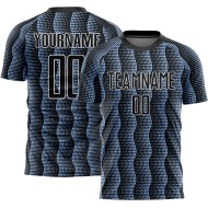 Custom Black Light Blue-White Geometric Shape Sublimation Soccer Uniform Jersey Custom Black Light Blue-White Geometric Shape Sublimation Soccer Uniform Jersey