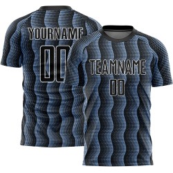 Custom Black Light Blue-White Geometric Shape Sublimation Soccer Uniform Jersey Custom Black Light Blue-White Geometric Shape Sublimation Soccer Uniform Jersey