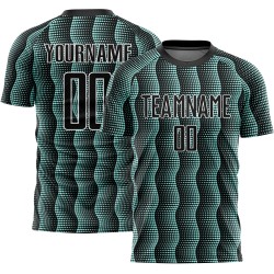 Custom Black Ice Blue-White Geometric Shape Sublimation Soccer Uniform Jersey Custom Black Ice Blue-White Geometric Shape Sublimation Soccer Uniform Jersey