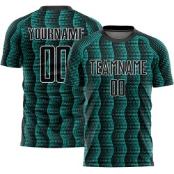 Custom Black Aqua-White Geometric Shape Sublimation Soccer Uniform Jersey Custom Black Aqua-White Geometric Shape Sublimation Soccer Uniform Jersey