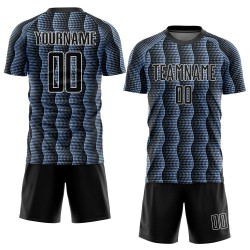Custom Black Light Blue-White Geometric Shape Sublimation Soccer Uniform Jersey Custom Black Light Blue-White Geometric Shape Sublimation Soccer Uniform Jersey