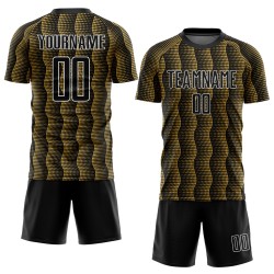 Custom Black Old Gold-White Geometric Shape Sublimation Soccer Uniform Jersey Custom Black Old Gold-White Geometric Shape Sublimation Soccer Uniform Jersey