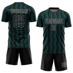 Custom Black Teal-White Geometric Shape Sublimation Soccer Uniform Jersey Custom Black Teal-White Geometric Shape Sublimation Soccer Uniform Jersey