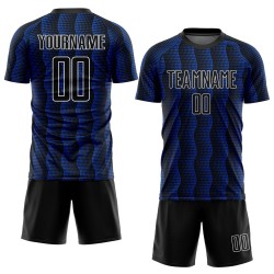 Custom Black Thunder Blue-White Geometric Shape Sublimation Soccer Uniform Jersey Custom Black Thunder Blue-White Geometric Shape Sublimation Soccer Uniform Jersey