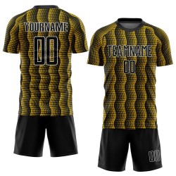 Custom Black Yellow-White Geometric Shape Sublimation Soccer Uniform Jersey Custom Black Yellow-White Geometric Shape Sublimation Soccer Uniform Jersey