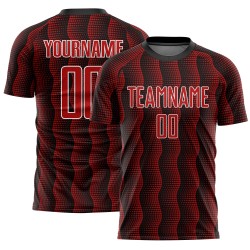 Custom Black Red-White Geometric Shape Sublimation Soccer Uniform Jersey Custom Black Red-White Geometric Shape Sublimation Soccer Uniform Jersey
