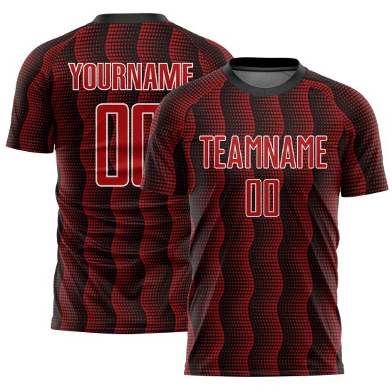 Custom Black Red-White Geometric Shape Sublimation Soccer Uniform Jersey Custom Black Red-White Geometric Shape Sublimation Soccer Uniform Jersey