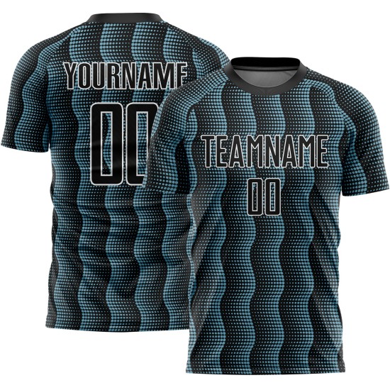 Custom Black Shadow Blue-White Geometric Shape Sublimation Soccer Uniform Jersey Custom Black Shadow Blue-White Geometric Shape Sublimation Soccer Uniform Jersey